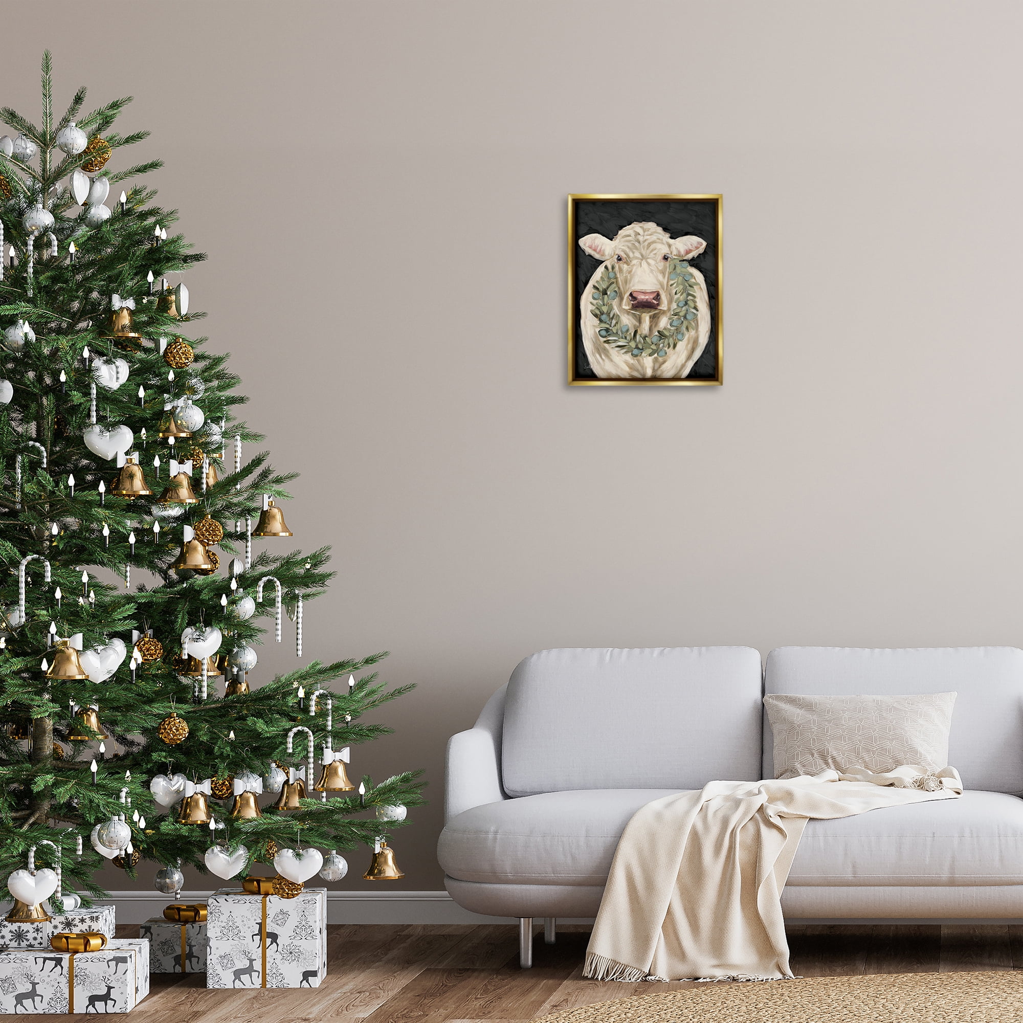 Stupell Industries Cow with Holiday Wreath Holiday Painting Gold Floater Framed Canvas Art Prints Wall Art, 17 x 21