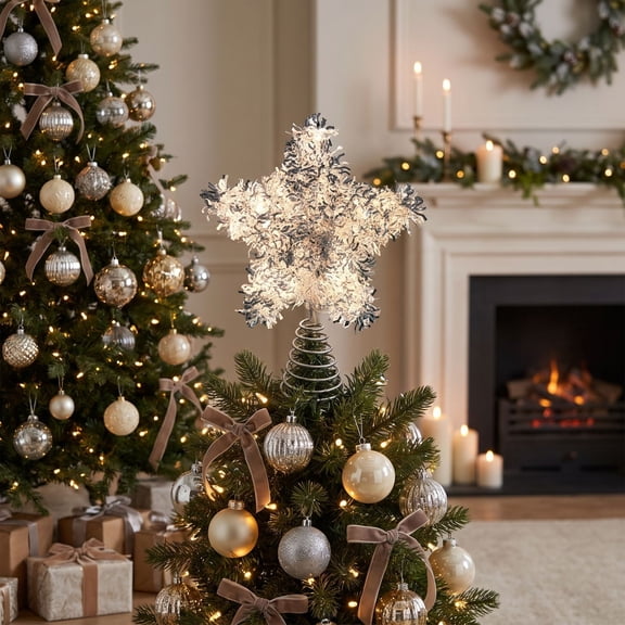 9.8in Lighted Silver Tinsel Star Christmas Tree Topper,Warm LED Lit 5‑Point Tinsel Star Tree Top Ornament with Spring Base, Sparkly Festive Xmas Decoration for Christmas Tree Decor