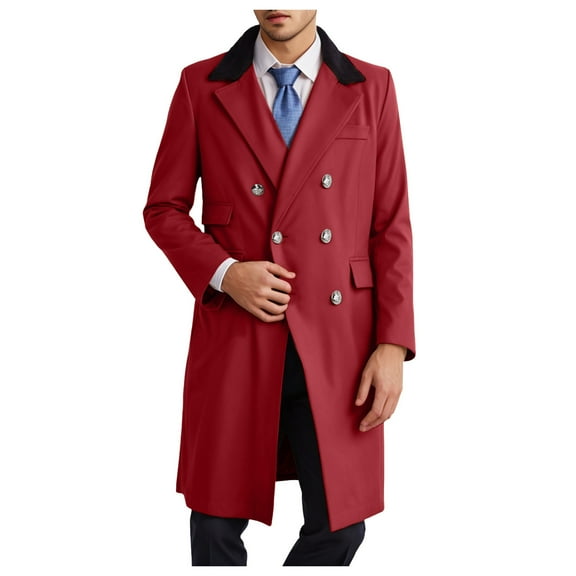 Caqnni Mens Trench Coat Notched Lapel Double Long Jacket Windbreaker Overcoat Pea Coat (Red,XXL)