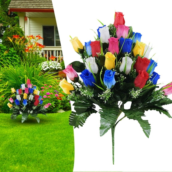 Artificial Cemetery Flower Arrangement - 19" Durable Silk Bouquet for Headstone Floral Decor, All-Weather Memorial Blooms for Gravesites & Tombstone Remembrance