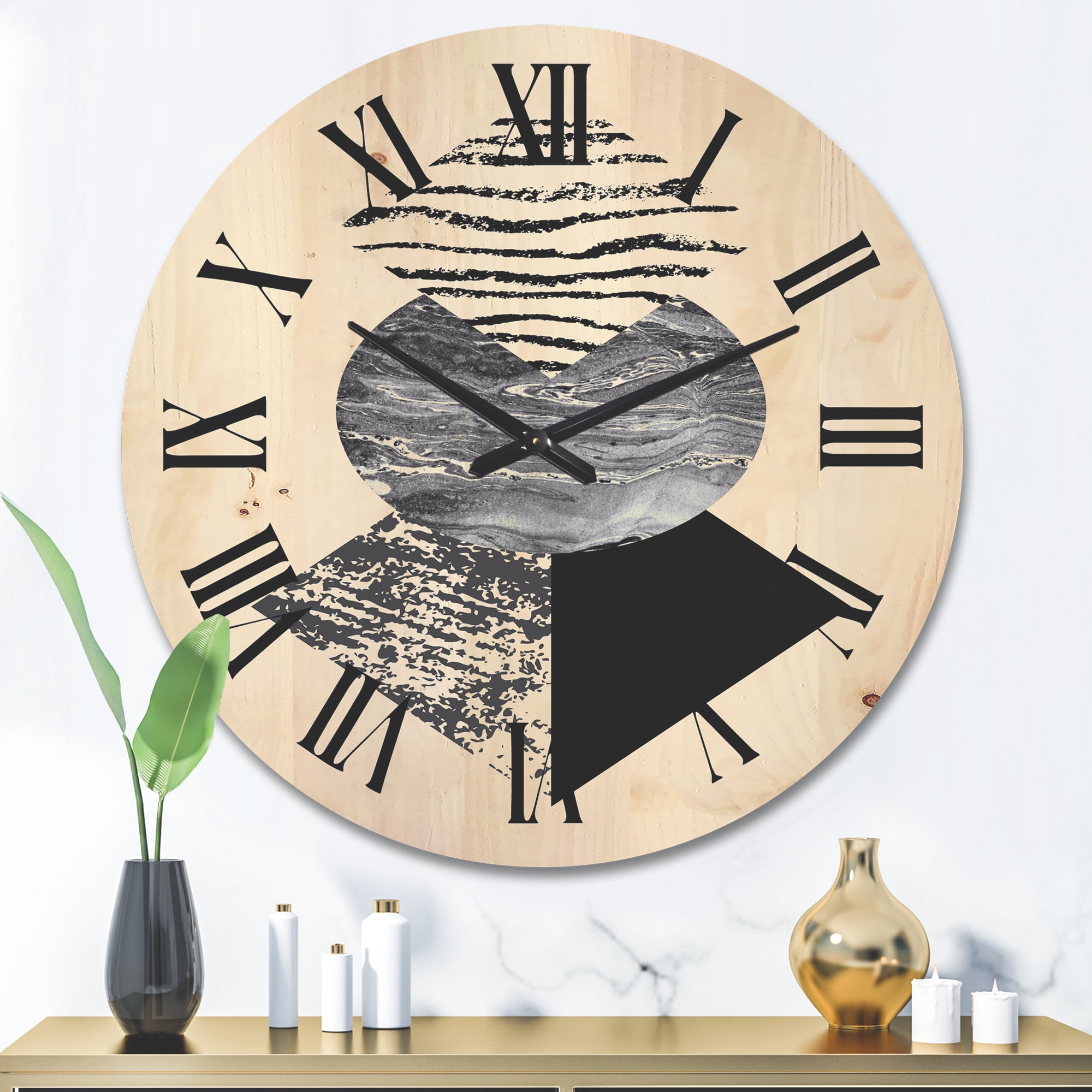 Designart 'Abstract Geometry Shapes With Tropical Palm Leaf I' Modern Wood Wall Clock