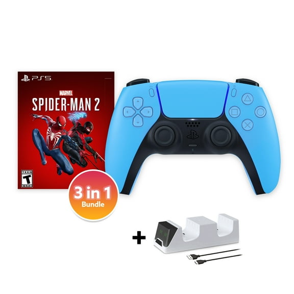 PlayStation 5 DualSense Controller Starlight Blue with Spider-Man 2 and Mytrix Dual Controller Charger - 3 in 1 Bundle for PS5