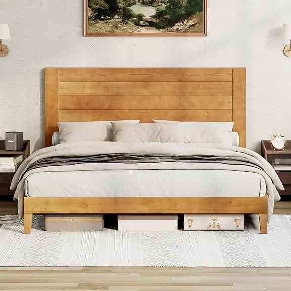 VanAcc King Size Solid Wood Bed Frame with 48.6" Headboard, Mid-Century Platform Bed Frame, Brown Black