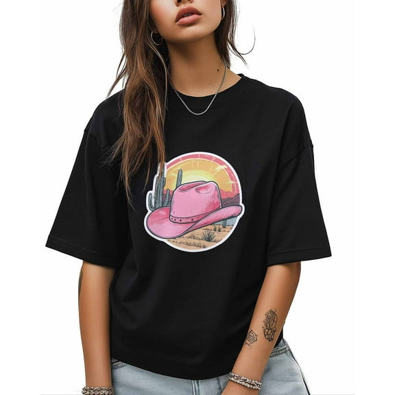 T Shirts for Women Short Sleeve Cotton Crewneck T-Shirt, Western Cowboy Hat Cactus Sunset Tee Tops Casual Basic T-Shirts, XS-5XL Black XL