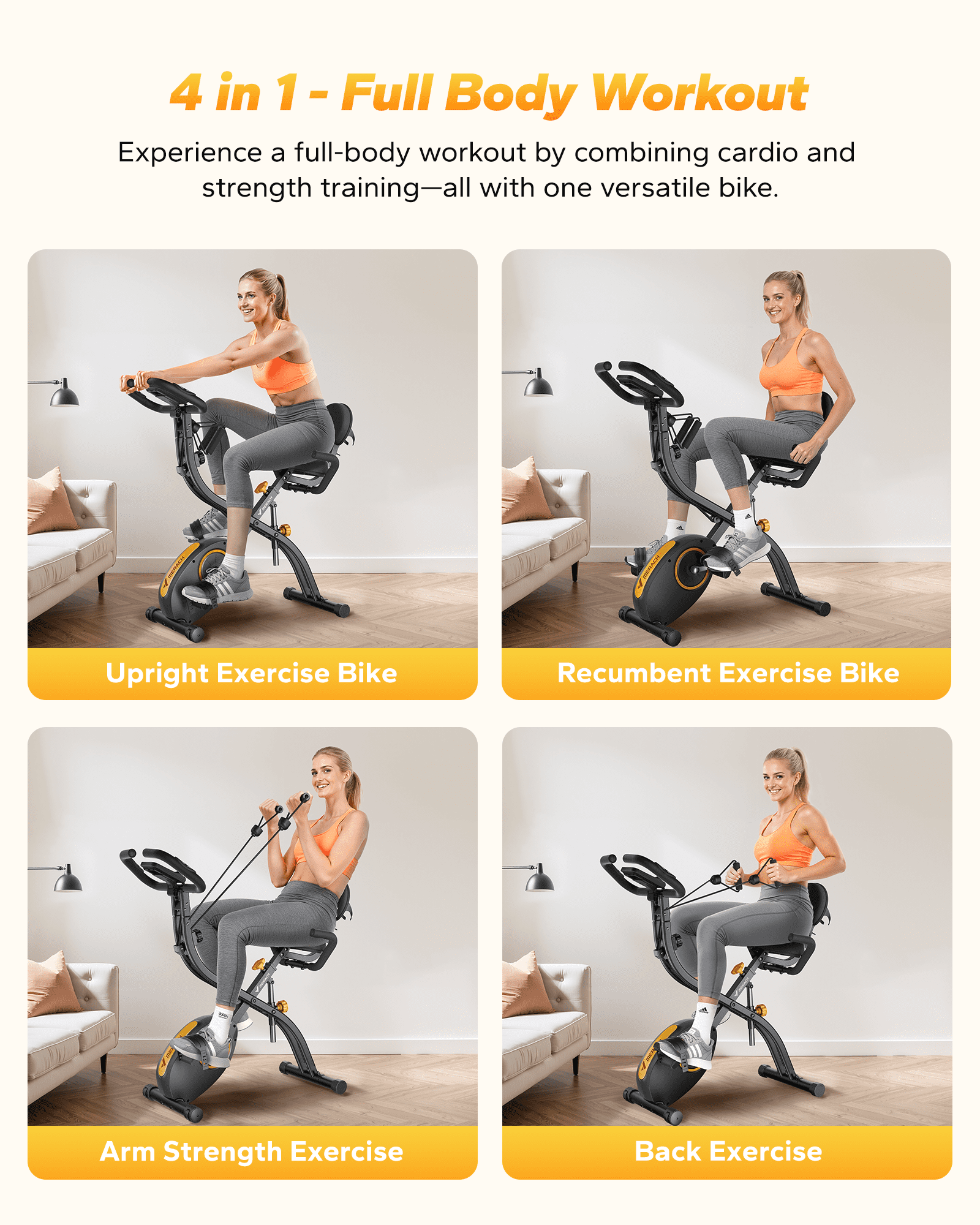 MERACH 4-in-1 Exercise Bike Quiet Folding Magnetic Upright Bikes with Arm Resistance Bands Home Workout Use,16 Levels of Resistance