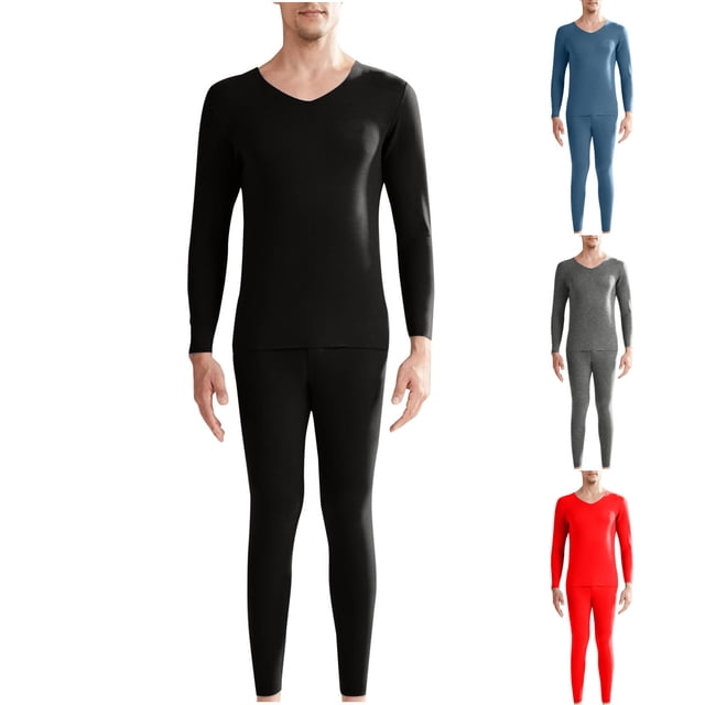 JDQJBZ Mens Thermal Underwear Set Fleece Lined Seamless Round Neck Two Tone Base Layer Sleepwar Set