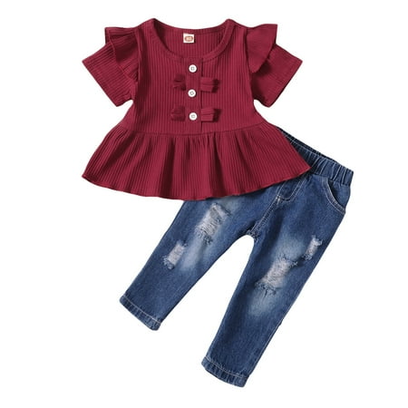 

Kucnuzki 18 Months Baby Girl Summer Outfits Pants Sets 24 Months Short Sleeve Solid Color Pit Stripes Cozy Ruffles Peplum Tops Elastic Ripped Denim Pants 2PCS Set Pink Red