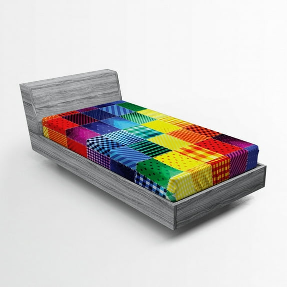 Ambesonne Retro Fitted Sheet, Rainbow Retro Patchwork, Twin Size, Multicolor