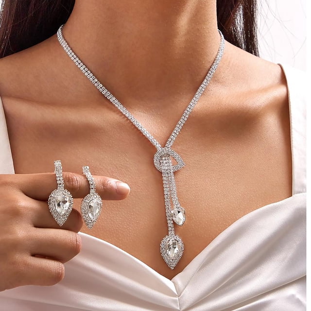 Fiudx Conjunto de Collar, Pulsera y Pendientes con Perlas y Diamantes para Mujer, Colgante y Accesorios
