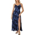 thumbnail image 1 of Vestido Maxi Elegante con Estampado Floral para Mujer, Con Nudo en el Frente y Escote Corazón, Dividido, Talla XS, Azul Marino, 1 of 6
