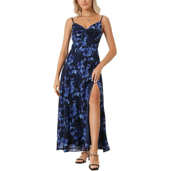INSPIRE CHIC Women's Floral Print Dress Knot Front Sweetheart Neck Split Elegant Maxi Dress XS Navy Blue