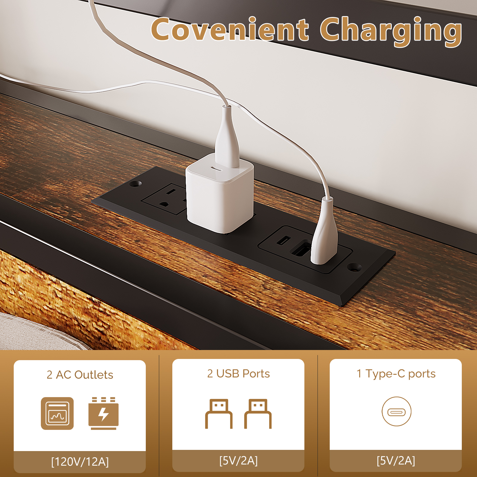 Ktaxon Queen Size Bed Frame with Charging Station & LED Storage Headboard, Metal Platform Bed Frame with 4 Underbed Drawers for bedroom, Vintage Brown