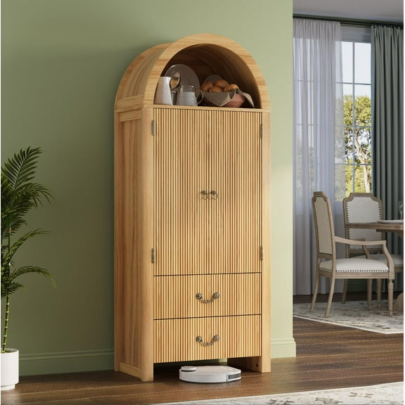 FURSUN 71" Tall Fluted Arched Bookshelf with Doors, Wood Pantry Storage Cabinet with 2 Large Drawers, Modern Versatile Bookcase for Living Room, Kitchen, Dining, Natural Oak