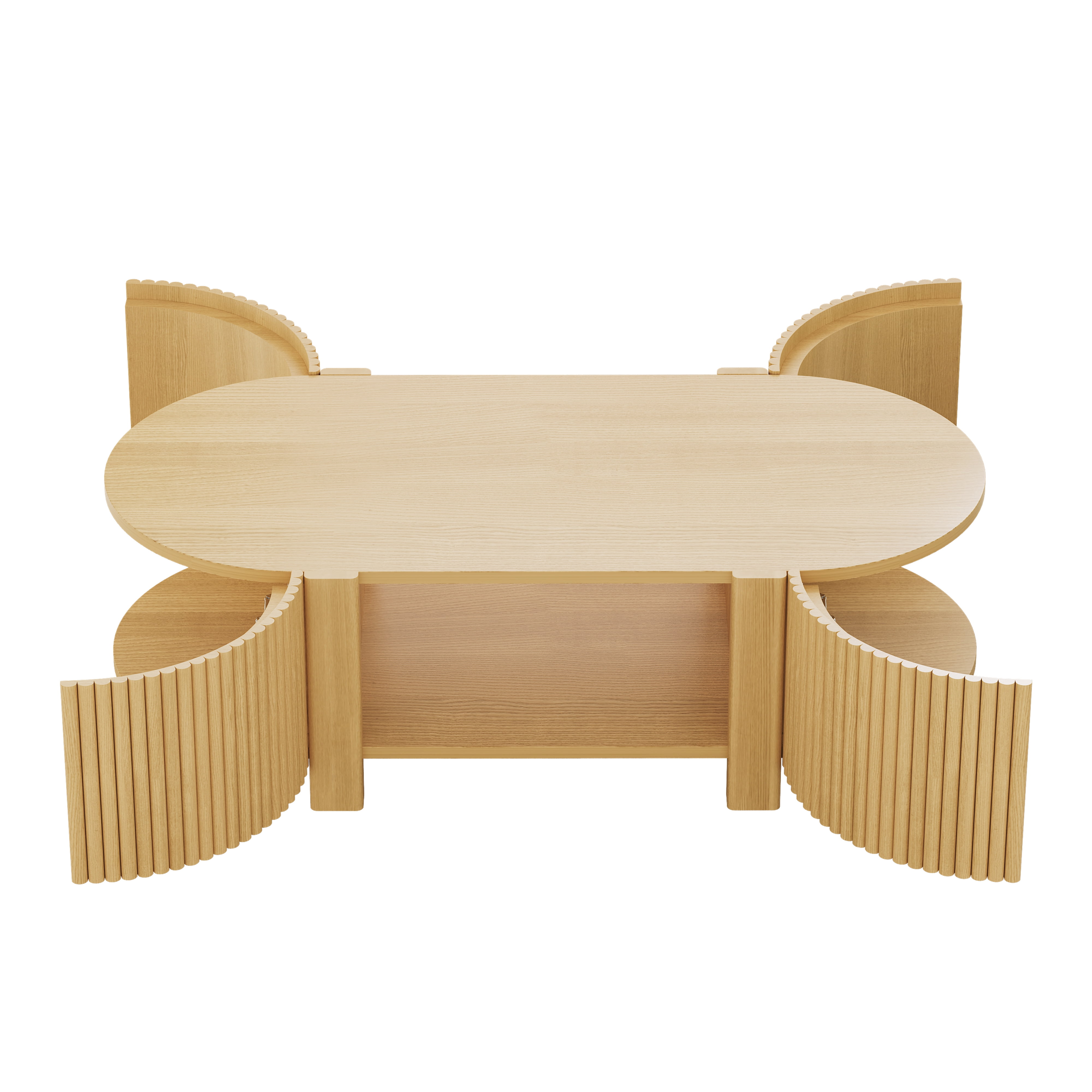 Homy Casa 47 in Fluted Coffee Table with Storage Cabinets and Open Shelf, Natural Oak