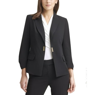 DKNY Women's Ruched-Sleeve Logo-Clasp Blazer Black Petite Size 10P