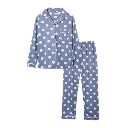 

Capreze Womens Pajamas Sets 2pcs Pjs Lounge Set Sleepwear Long Sleeve Tops With Buttons Front And Pants Blue Polka Dot XL