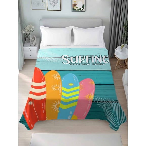 Surfboard Queen Size Flat Sheet, Wrinkleproof & Fadeproof Cooling Flat Bed Sheet Only, Summer Starfish Palm Leaf Wood Grain Blue Breathable Soft Bedding Top Sheets 90 x 102 Inches