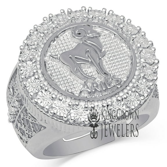 Mens Real Genuine Diamonds Aries Ram Zodiac Sign Astrology Horoscope Ring 10K White Gold Finish Pinky Band 25mm