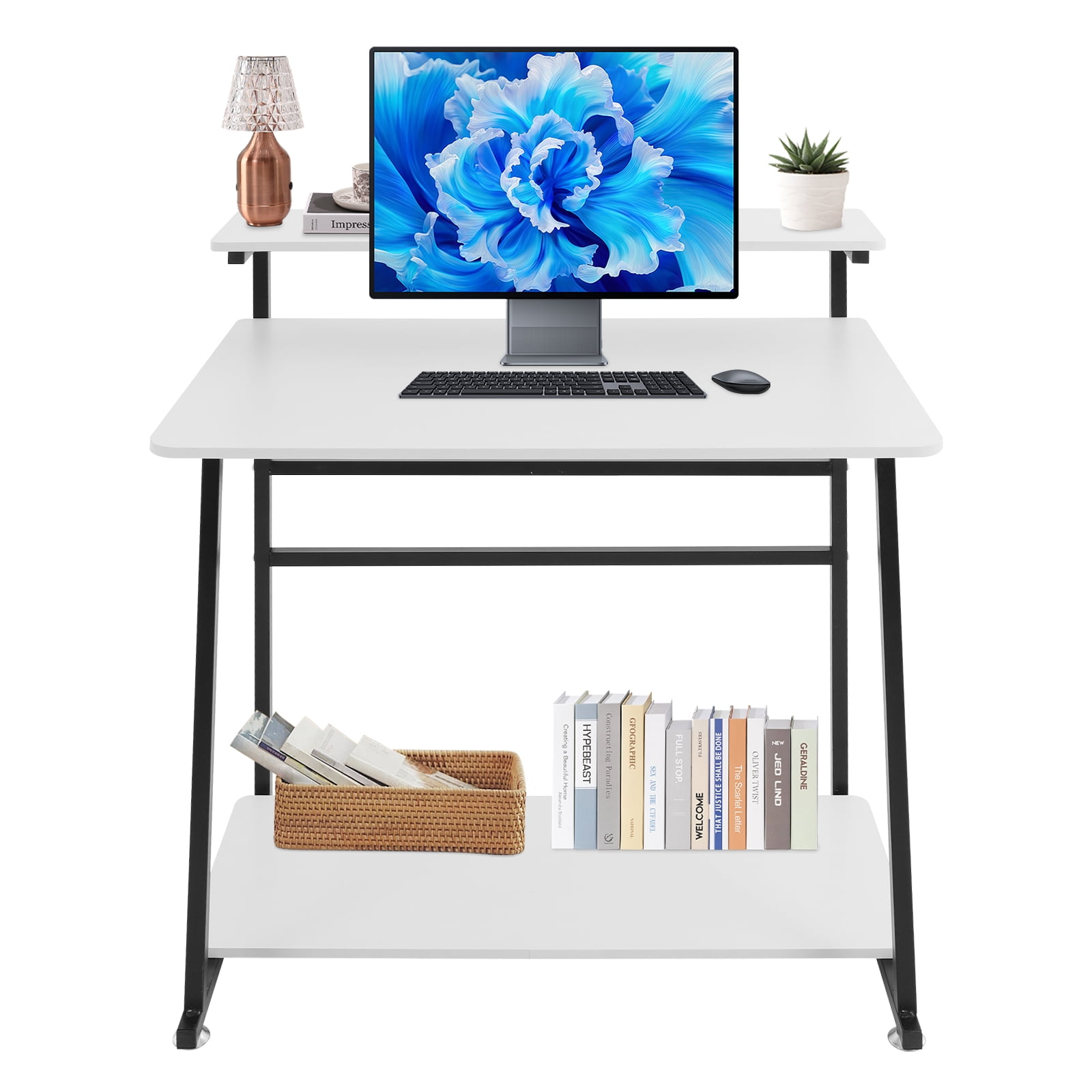 Free Standing Home Office Desk, Rolling 3-Tier Computer Desk (Black+ White)