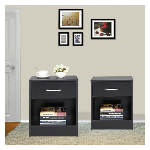 SKTPI Nightstands Set of 2 with Drawer for Bedroom, Wood Night Stand Set 2 with Open Shelf, Modern Nightstand Bedside Tables Set of 2, End Table, Black