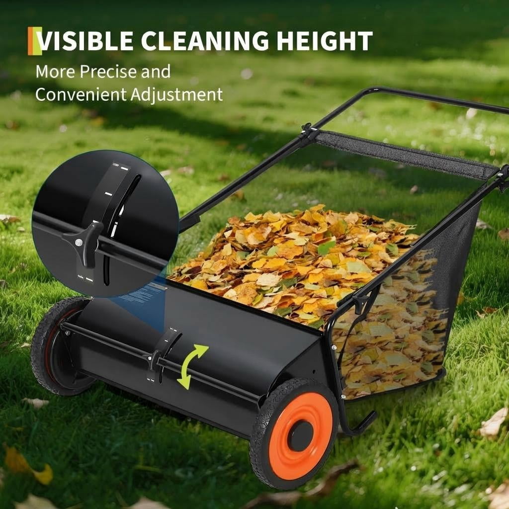 AIKKYS 26 Inch Heavy Duty Push Lawn Sweeper with 4 Spinning Brushes,Steel Frame 7 Cu. Ft. Leaf & Grass Collector,Adjustable Height,Black-Orangre Wheels