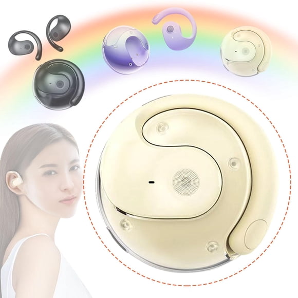 Auriculares inalámbricos con traducción de IA, control táctil, recargables, con gancho para oreja, abiertos, para viajes de negocios. Beige