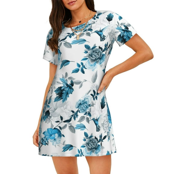 Blue Rose Flower Hummingbird Women'S Nightgown Sleepwear Short Sleeves Nightshirt Loose Comfy Pajama Small