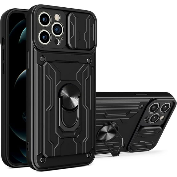 Heavy Duty Protection Case for Apple iPhone 13 Pro (Not 13), Magnetic Ring Kickstand Slide Camera with Card Holder Phone Cover for Apple iPhone 13 Pro Black