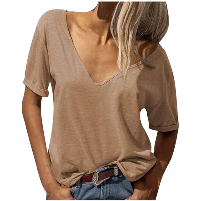 Timegard Tops for Women Trendy V Neck Short Sleeve Drop Shoulder Comfy Casual Solid Color Tee Shirts