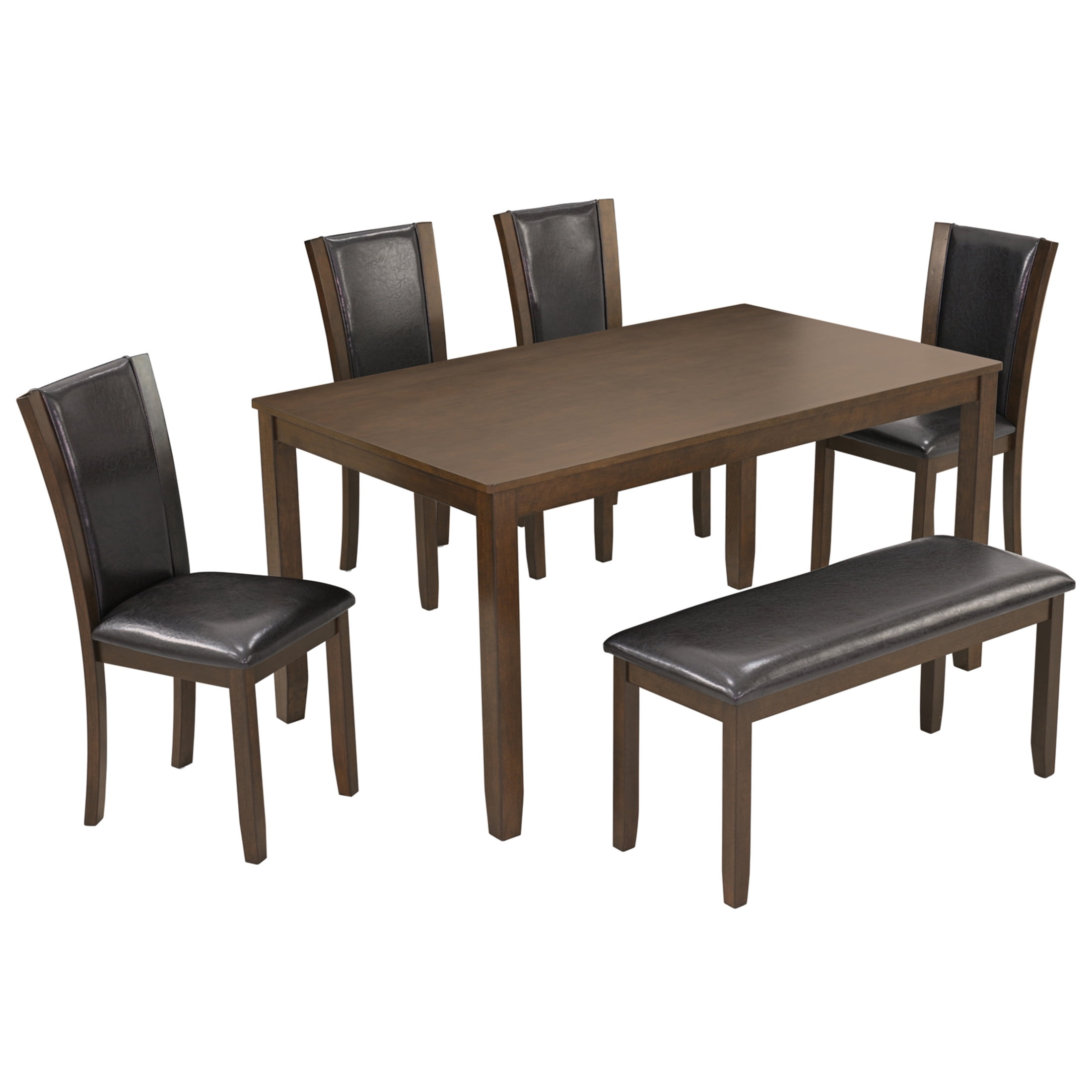 Noble House Farmhouse Dining Table Set for 6 with Bench and Leather Upholstered Chairs, Wood Frame, Dark Walnut