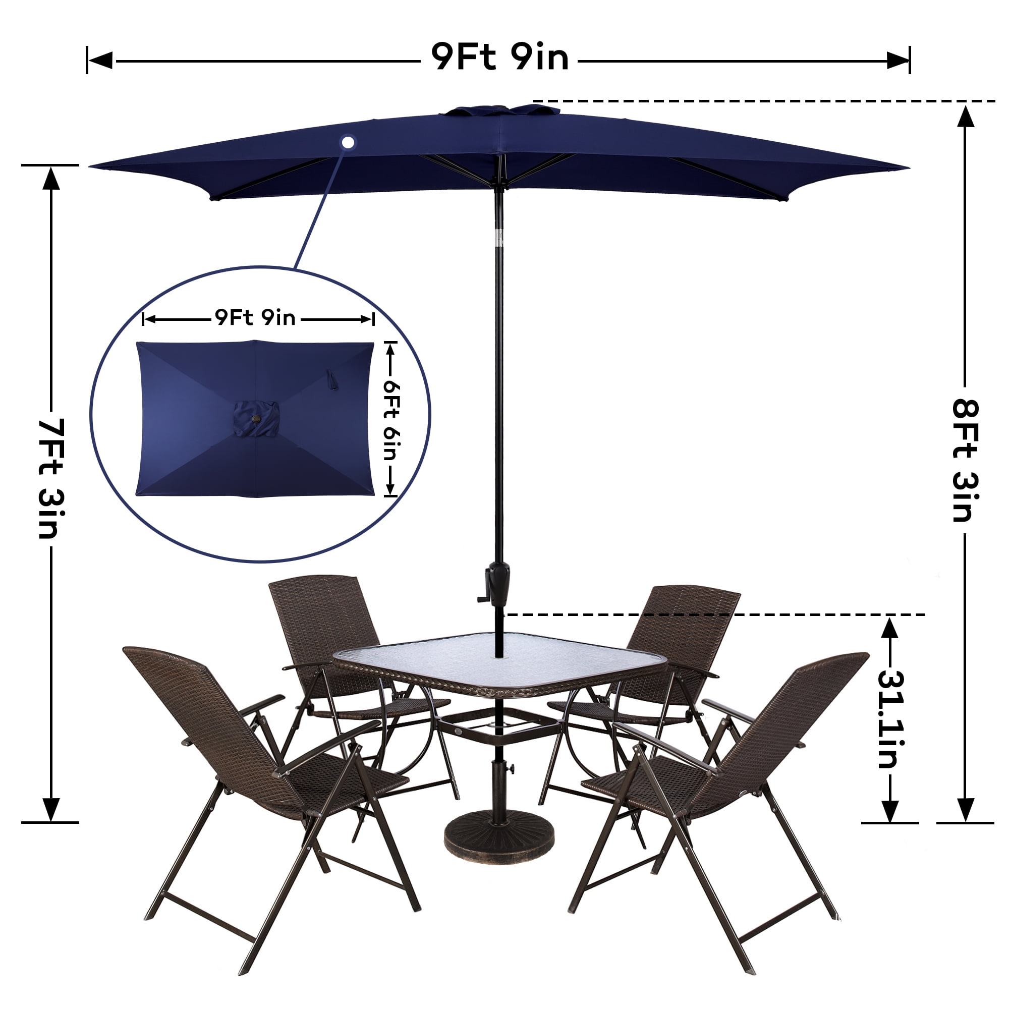 Sun-Ray 6.6x10 FT Rectangular Patio Umbrella with Push-Button Tilt and Hand Crank Canopy Lift, Table Umbrella with Solution Dyed Navy Fabric for Porch, Deck, Garden, and Swimming Pool, Navy
