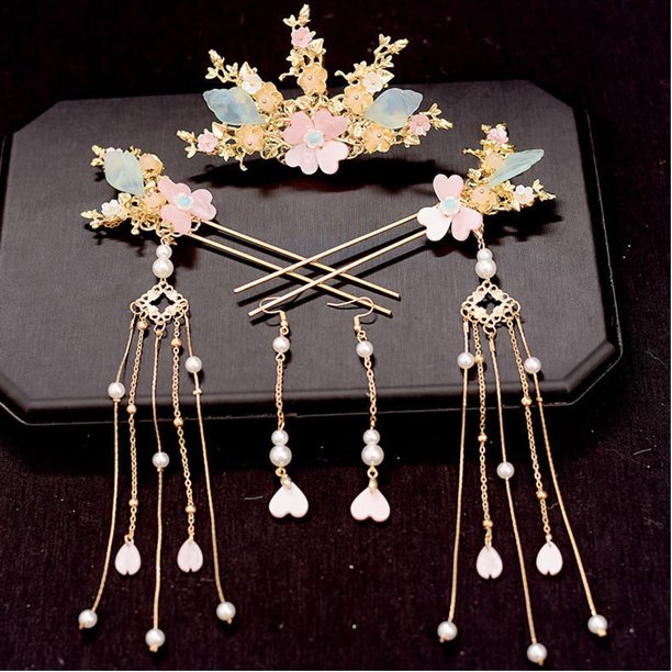 Palillos para el cabello de aleación, pasadores, borla larga, peine/pendientes chinos Hanfu, juego de 1 clásico tradicional (estilo E)