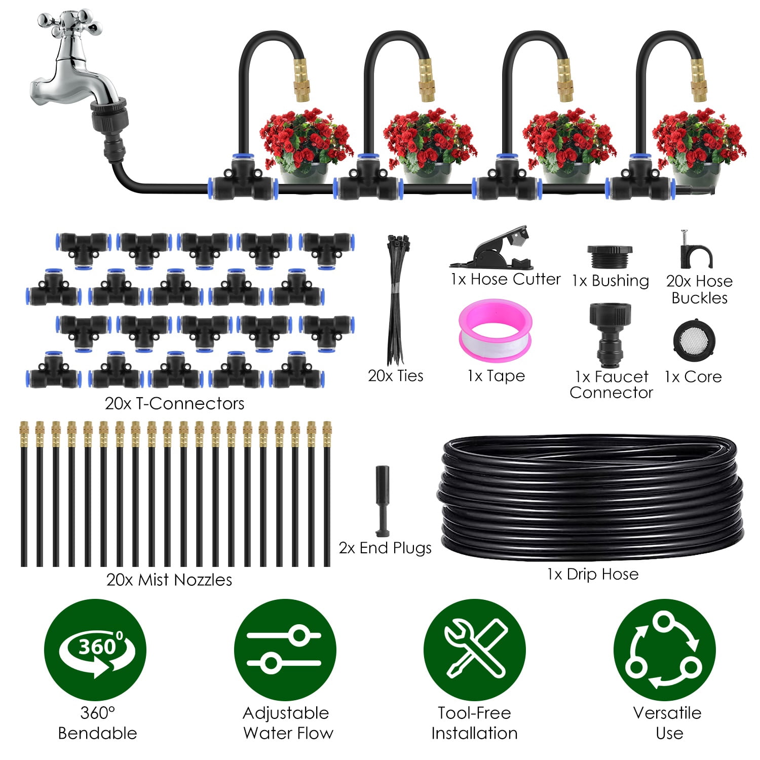 Garden Drip Irrigation Kit with 360° Bendable Misting Nozzles Automatic Watering System for Garden Lawn Greenhouse Flower Bed Patio Cooling 49FT PE Hose