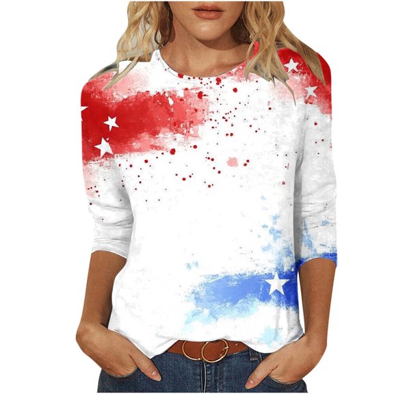 UPPADA 4th of July American Flag Shirt for Women 3/4 Sleeve Patriotic Shirt Usa Flag Star Stripes Graphic Tees Summer Crewneck Tunic Tops,Summer Graphic Tees for Women Red,XL