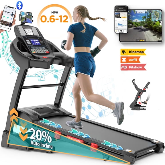 FaayFian Auto Incline Treadmill for Home, 5.1HP Folding Treadmill 400lbs Capacity, 0.6-12MPH, 64Programs, APP Control, Shock Absorption, Home&Office
