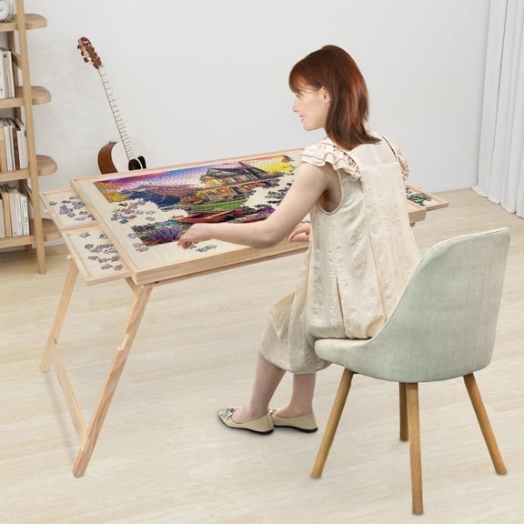 2'H Wooden Folding Puzzle Table With 4 Sliding Drawers and Covers,1500 Pieces Portable Jigsaw Puzzle Board for Adults and Kids,34" x 26"