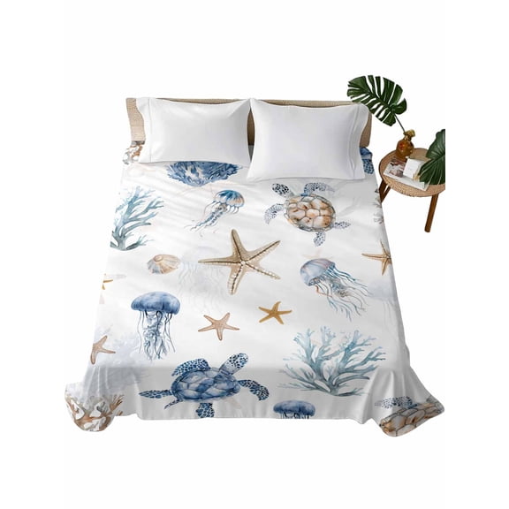 Queen Size Flat Sheet Only, Blue Brown Coastal Soft Brushed Microfiber Bed Sheets, Nautical Summer Beach Sea Turtle Hotel Quality Breathable Bedding Top Sheet, Easy Care, 90"x102"