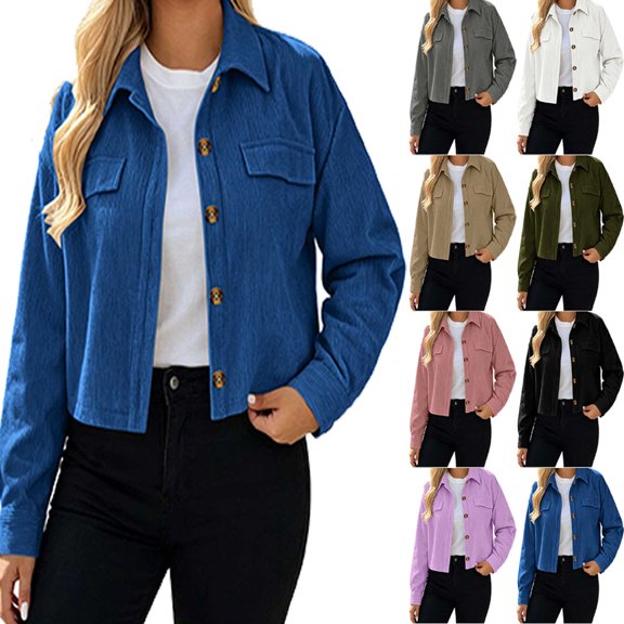 Windbreaker Dqueduo Women's Solid Corduroy Cropped Shacket Jacket – Button-Down Long Sleeve Casual Coat Blue L