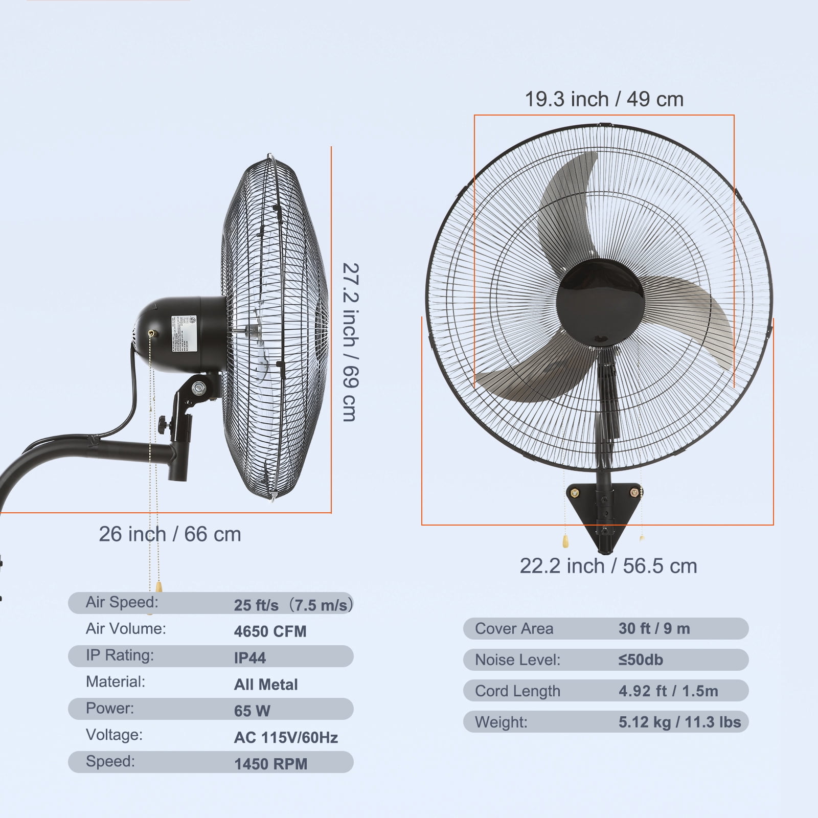 KFFKFF 20-Inch Wall Mount Fan, 3-Speed High Airflow up to 4650 CFM,  Heavy Duty Metal Industrial Fan for Commercial and Residential Use in Warehouses, Greenhouses, Workshops, and Patios, Black