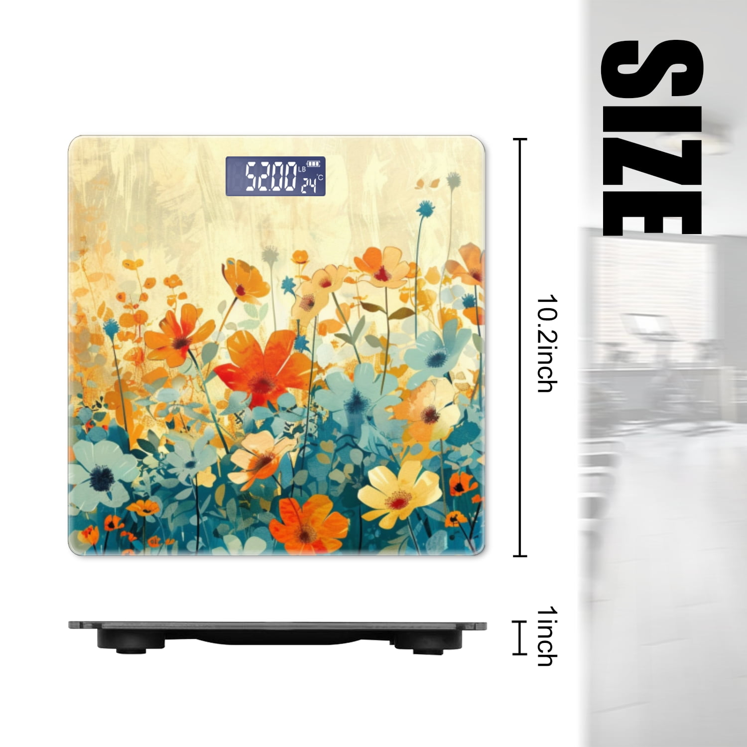 Bathroom Scale, Highly Accurate Digital Body Scale,Precisely Measures Weight up to 400 lbs-Floral Field With Soft Orange And Blue Color