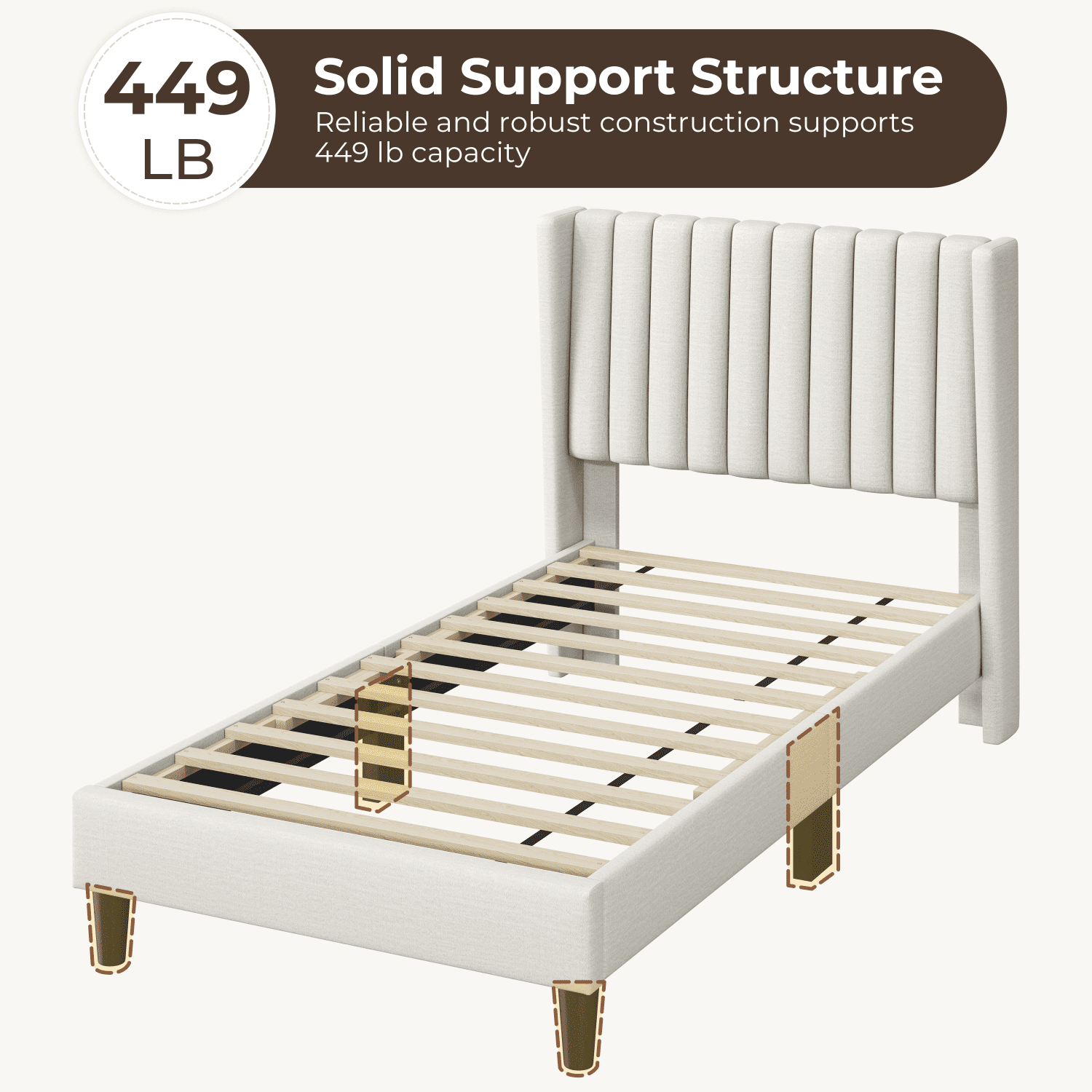 Renwick Twin Upholstered Bed Frame with Tufted Headboard, Ivory
