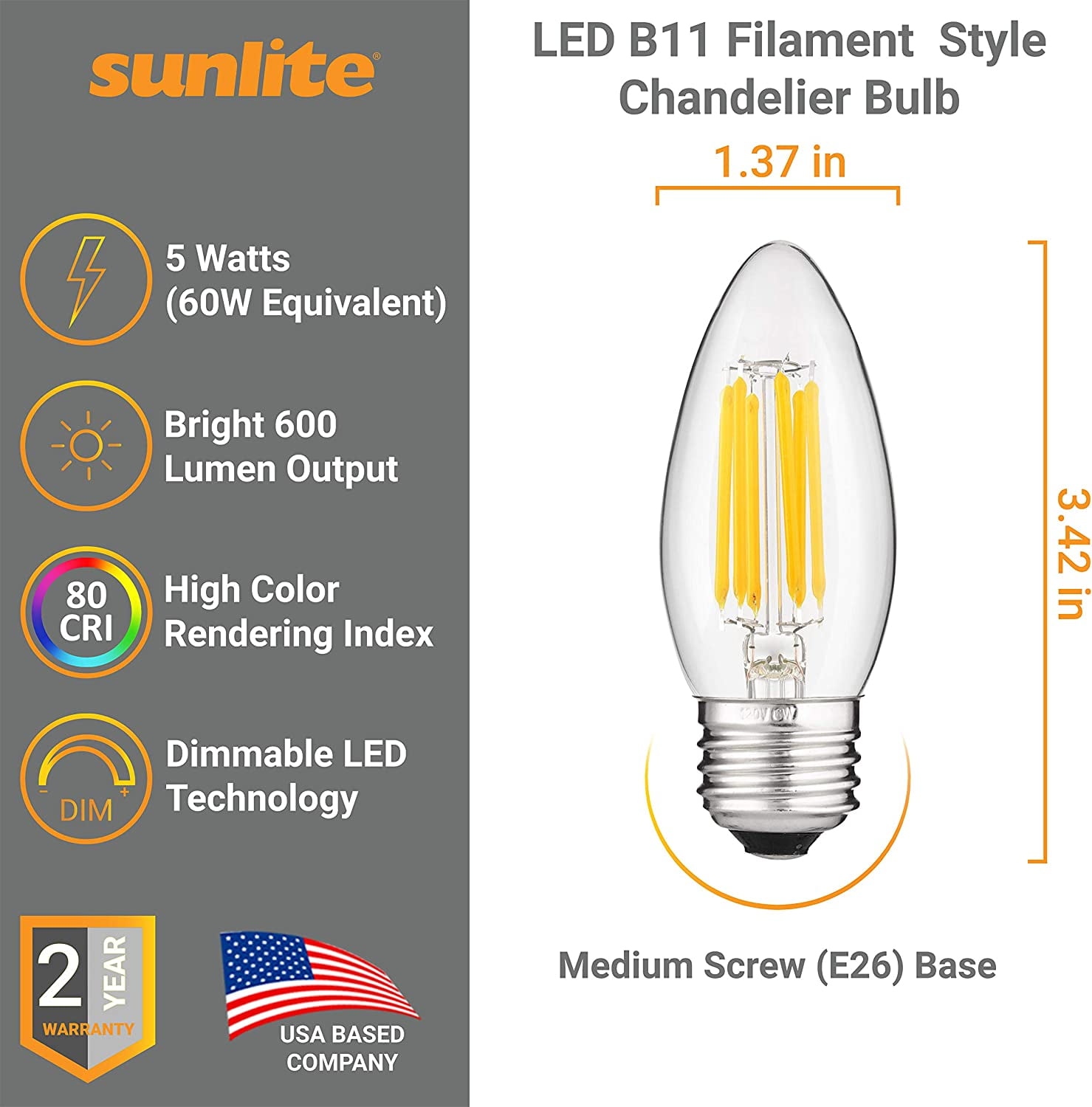 Sunlite LED Filament B11 Torpedo Chandelier Light Bulb, 5.5 Watts (60W Equivalent), Medium E26 Base, Dimmable, Clear, UL Listed, 90 CRI, 5000K Super White, 6-Pack