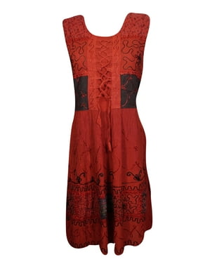 Mogul Women's Bright Red Stonewashed Rayon Sleeveless Embroidered Summer Fashion Midi Dress M