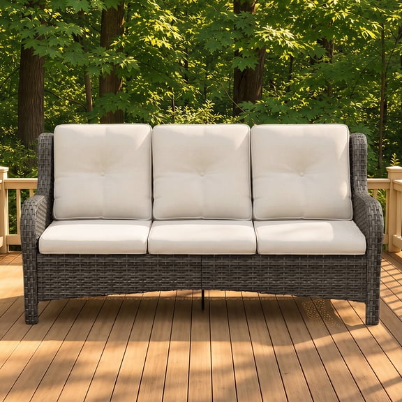 Gardenbee 3-Seat Patio Sofa Furniture Outdoor All-Weather PE Wicker Deep Seat with Cushions for Patios Backyards Gardens Balconies,Beige