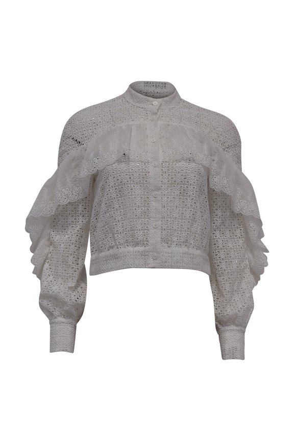 Pre-Owned Self-Portrait Floral Eyelet Lace Blouse in White Polyester