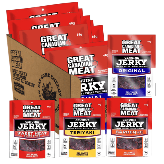 Great Canadian Meat Bulk Beef Jerky Variety Pack - 10 x 68g Bags - Original, BBQ, Teriyaki, Sweet Heat - High Protein, Low Fat, Gluten Free Snacks - 100% Canadian Made