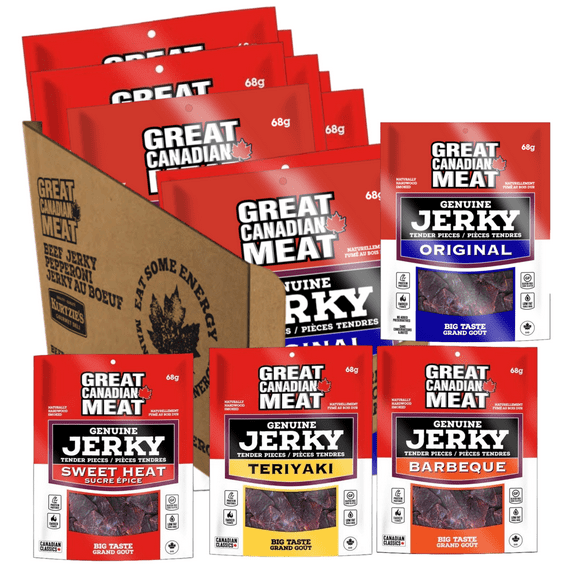Great Canadian Meat Bulk Beef Jerky Variety Pack - 10 x 68g Bags - Original, BBQ, Teriyaki, Sweet Heat - High Protein, Low Fat, Gluten Free Snacks - 100% Canadian Made