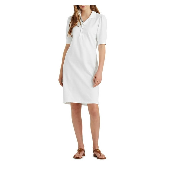 LAUREN RALPH LAUREN Womens White Elbow Sleeve Point Collar Above The Knee Wear To Work Shift Dress M