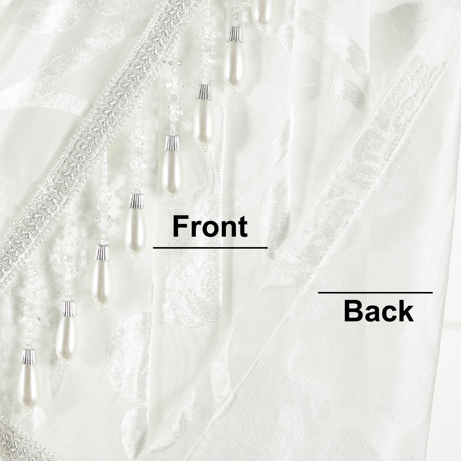 VOGOL White Floral Jacquard Waterfall Sheer Valance Curtain, Beaded Tassel Edge, 43x110 Inches, Elegant Home Drapery