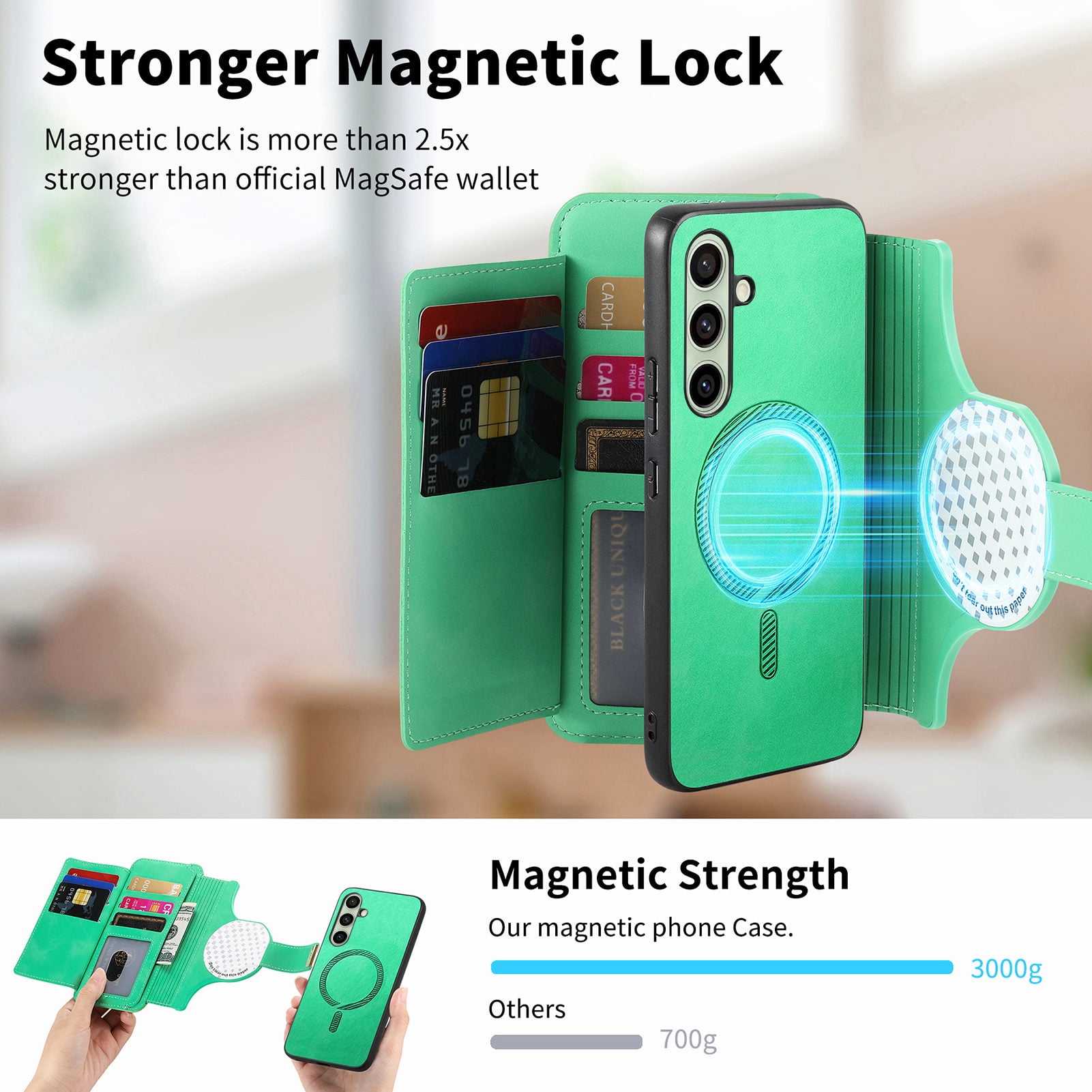 TECH CIRCLE for Galaxy S24 FE 2-in-1 Phone Case 6.7" 2024, Magnetic Back Cover with Removable Flip Wallet Case, with Card Slots/Ring Holder Grip, Compatible with MagSafe, PU Leather Case, Green